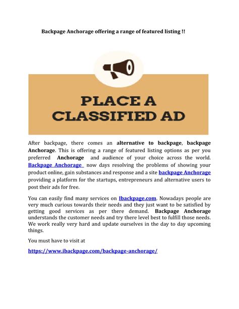 Post <b>Anchorage</b> vacation ad on <b>Backpage Anchorage</b> for free. . Backpage anchorage